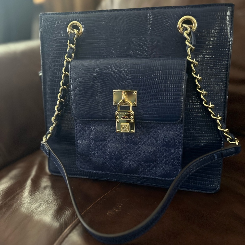 Anne Klein Navy Blue Shoulder Bag with Gold Chain